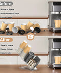Clear Acrylic Cup And Lid Holder With Straw Organizer Adjustable Five Compartment Cup Dispenser For Disposable Paper And Plastic Cups The No Fuss Countertop Organizer For Your Home Kitchen showing before and after organization on a kitchen counter next to a coffee machine.