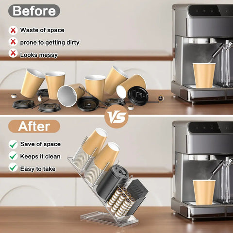 Clear Acrylic Cup And Lid Holder With Straw Organizer Adjustable Five Compartment Cup Dispenser For Disposable Paper And Plastic Cups The No Fuss Countertop Organizer For Your Home Kitchen showing before and after organization on a kitchen counter next to a coffee machine.