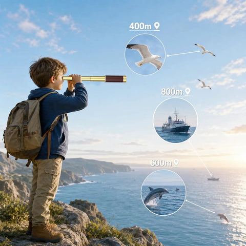 Old School Pirate Spyglass Monocular Telescope 25x30 Zoomable Pocket Size Handheld Collapsible With BAK4 Lens Leather Grip For Kids And Outdoor Explorers For Camping Trips And Sailing. Child using gold spyglass by the coast