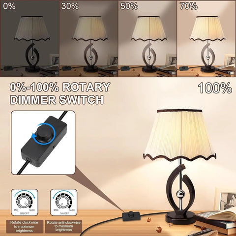 Inline LED Dimmer Switch 1 Gang for Table Lamps, shown with brightness stages and rotary dimmer control for easy install.