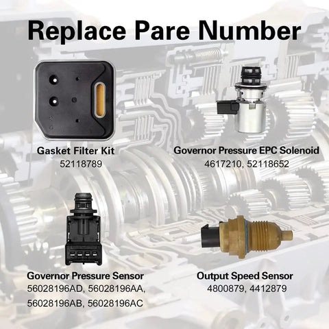 Transmission Governor Pressure Sensor Solenoid Transducer With Filter Gasket and parts diagram for Dodge models.