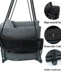 Single Porch Swing Chair With Cushions, Indoor Outdoor Hanging Rope Swing, Macrame Hammock Chair For Patio Balcony Or Bedroom, Dark Grey, Extra Thick Cotton Linen Cushions For Ultimate Comfort And Chill shown with close-up on features