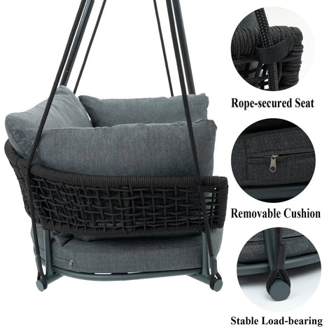 Single Porch Swing Chair With Cushions, Indoor Outdoor Hanging Rope Swing, Macrame Hammock Chair For Patio Balcony Or Bedroom, Dark Grey, Extra Thick Cotton Linen Cushions For Ultimate Comfort And Chill shown with close-up on features