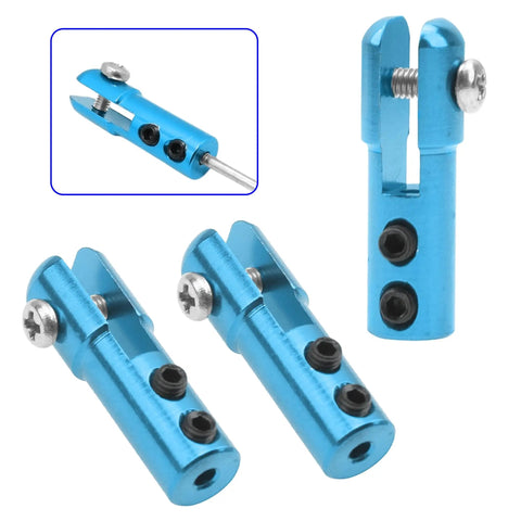 Three Piece Beefy Aluminum Clevis Servo Rudder Arm Linkage Clip Adapter Joint Coupler For RC Boats And Planes Blue Color Durable Aluminum Construction 2mm Hole 25mm Length 8mm Width Easy Install And Secure Fit, blue aluminum clevis shown from multiple angles