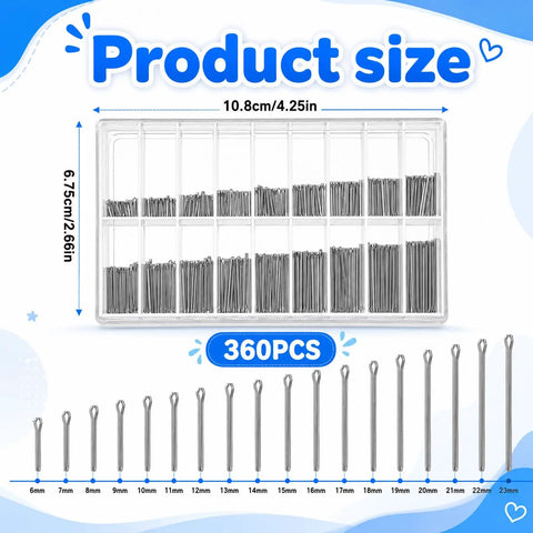 360-Piece Watch Band Link Cotter Pins Set For 6-23mm Straps, DIY Repair Kit With 18 Sizes (20 Pins Each), Easy Quick Band Fixes For Most Watches, Replacement Pins For Leather, Metal, And Rubber Straps. clear storage box with 360 stainless steel watch band pins, 6-23mm sizes
