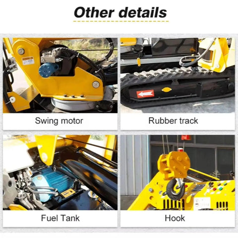 Details of Heavy Duty Compact Crawler Crane Equipped With Hydraulic Telescopic Boom: swing motor, rubber track, fuel tank, and hook.