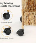 Close-up of wheels on Three Tier Water Hyacinth Rolling Cart With Wheels Handwoven Utility Storage Rack For Kitchen Laundry Nursery And Bath