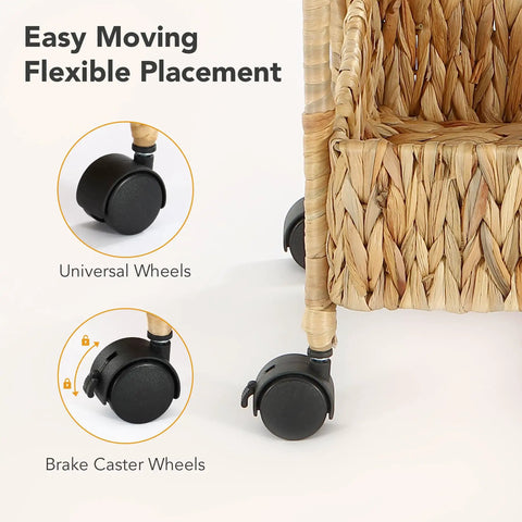 Close-up of wheels on Three Tier Water Hyacinth Rolling Cart With Wheels Handwoven Utility Storage Rack For Kitchen Laundry Nursery And Bath