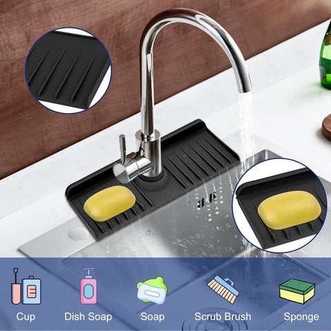 Sink Splash Guard And Silicone Faucet Mat For Kitchen And Bathroom Water Absorbent Drip Catcher with soap, gray finish.