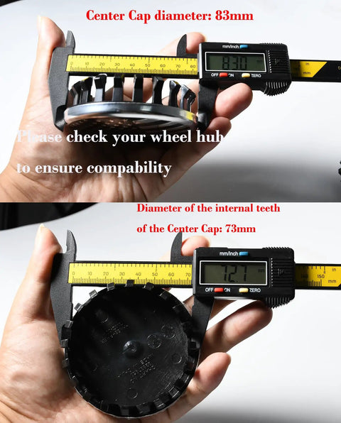 Measuring Chevrolet Blackout USA Flag Wheel Center Cap outer 83mm, inner 73mm with a caliper, showing size for compatibility