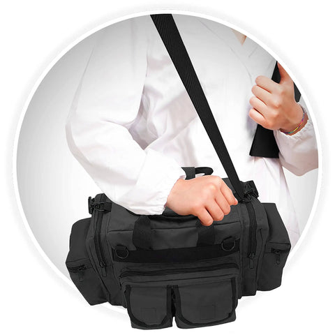 Person holding Deluxe EMS Trauma Bag For First Responders With Eight Pockets And Removable Organizer Pro Grade Heavy Duty Polyester PVC Coated Medical Kit Carryall