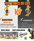 Comparative image of HIINNY TOOL Impact Bit and standard bit, showing torque absorption and life expectancy for heavy screw driving.