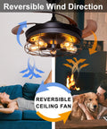 Retractable Blades Ceiling Fan With Lights And Remote Dope Rustic Industrial Style for Farmhouse living room, reversible wind direction shown.