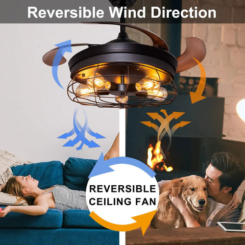 Retractable Blades Ceiling Fan With Lights And Remote Dope Rustic Industrial Style for Farmhouse living room, reversible wind direction shown.