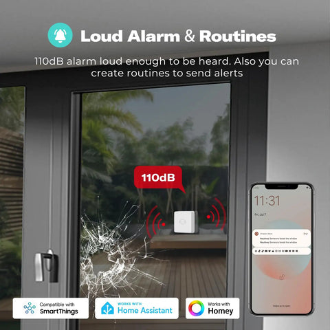Smart Vibration Sensor With 110dB Alarm And Adjustable Sensitivity on a glass door detecting breakage, Zigbee 3.0 Hub Required.