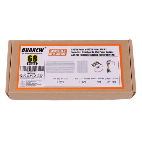 Box packaging of Hands On Breadboard Kit With Power Supply Module And Jumper Wires Battery Clip 830 And 400 Tie Point Boards USB Or DC Power 3V3 Output Under 700mA Great For Prototyping And Maker Projects, showing components and details.