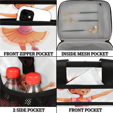 Collage of insulated picnic backpack pockets showing front zipper, inside mesh, and side pockets with bottles and items.