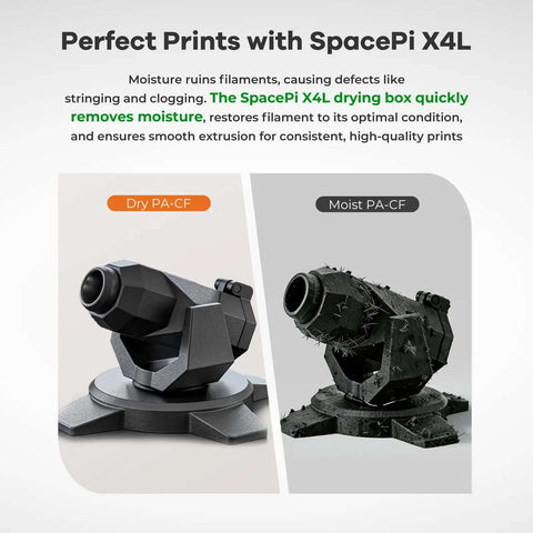 Comparison of a 3D printed model using Space Pi X4L 3D Printer Filament Dryer For 4 Spools, showing dry versus moist results.