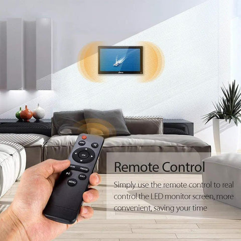 Living room with smart TV setup, remote controlling 15.6 Inch IPS Monitor With Full HD 1080p Display Multi Input For Security Cameras Office PCs And Gaming Stand Included Boss Level Clarity And Vivid Color
