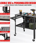 36 Inch By 24 Inch Beefy Heavy Duty Welding Table On Wheels With 1200 Pound Capacity Mobile Steel Workbench With Adjustable Shelves Fold Down Side Tray Large Lower Storage Tray For Shop Or Garage, shown with tools and accessories.