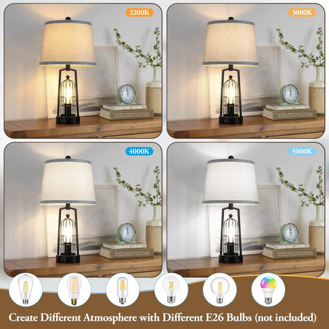 Rustic Industrial Table Lamps 2 Pack With USB Ports, Dual Light Bedside Nightstand Lamps In Black With Gray Lampshades displayed