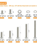 240 Piece Nuts And Bolts Kit With 1/4-20 Hex Bolts And Nuts, Lock Washers, Flat Washers, And Wrench Set displayed