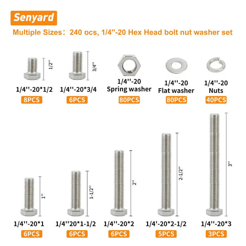 240 Piece Nuts And Bolts Kit With 1/4-20 Hex Bolts And Nuts, Lock Washers, Flat Washers, And Wrench Set displayed