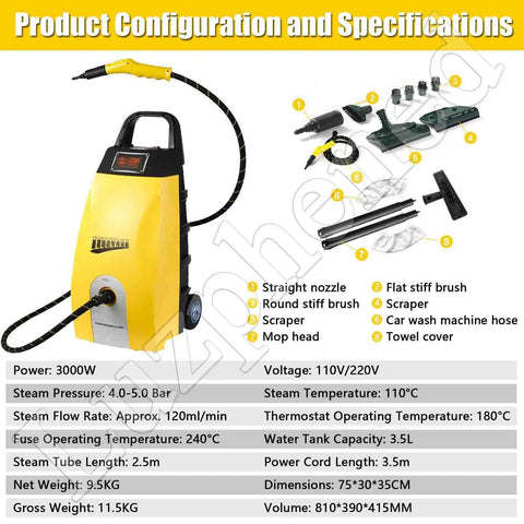 PtaTritious High-Pressure Steam Cleaner With Huge 3.5 L Tank showing product configuration and specifications including tools and features.