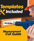 Person using drill with measurement cut guide and templates included, wearing safety gear.