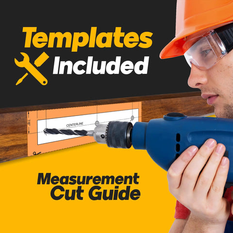 Person using drill with measurement cut guide and templates included, wearing safety gear.