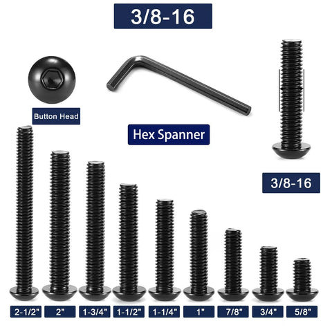 3/8-16 X 2 Button Head Socket Cap Bolts 10 Pack 18-8 Stainless Steel Black Oxide Finish With Hex Wrench displayed with various lengths.
