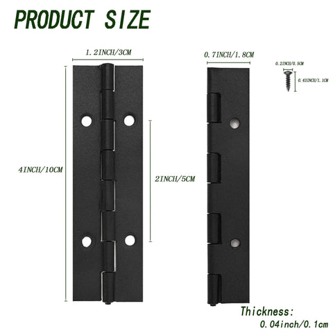 Six Pack Continuous And Piano Hinges For 4 Inch Openings In Black 304 Stainless Steel, 0.04 Inch Thick, shown with dimensions
