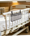 Must Have Bedside Organizer With Four Pockets And Adjustable Straps Hanging Bed Rail Storage Bag With Cup Holder And Zippered Pouch Gray Bed Rail Caddy For Hospital And Home Use on a hospital bed rail