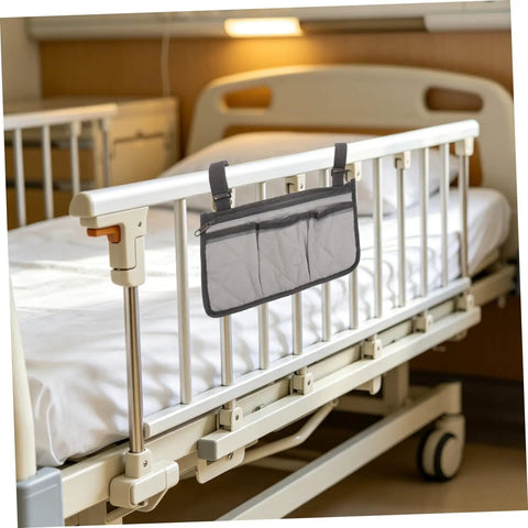 Must Have Bedside Organizer With Four Pockets And Adjustable Straps Hanging Bed Rail Storage Bag With Cup Holder And Zippered Pouch Gray Bed Rail Caddy For Hospital And Home Use on a hospital bed rail