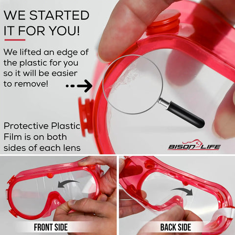 Badass Kids Safety Goggles With Ultra Clear Anti Fog Lenses And Impact Resistant Frame For Science Lab and Woodworking Crafts Comes In A Sweet 144 Bulk Case Pack, showcasing lens protective film removal.