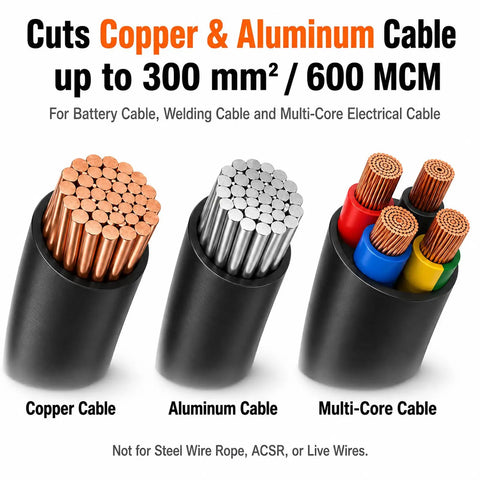 Heavy Duty Ratchet Cable Cutter For Copper And Aluminum 600 MCM Electrical Wire Tool showing copper, aluminum, and multi-core cables.