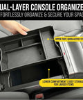 Tesla Cybertruck Lower Console Organizer Pro for 2024 2025 2026 Models, dual-layer tray with upper and lower compartments.