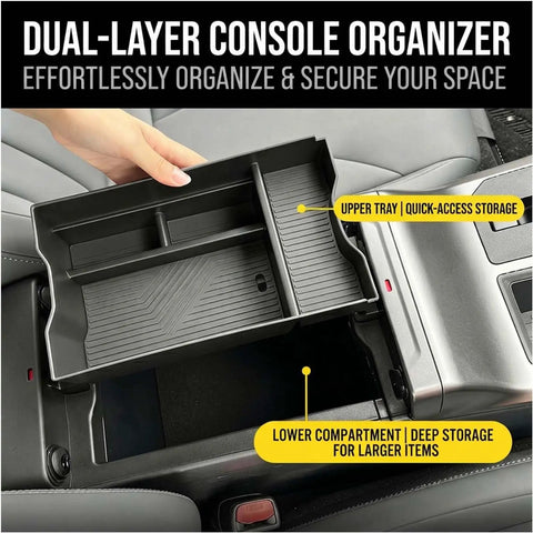 Tesla Cybertruck Lower Console Organizer Pro for 2024 2025 2026 Models, dual-layer tray with upper and lower compartments.