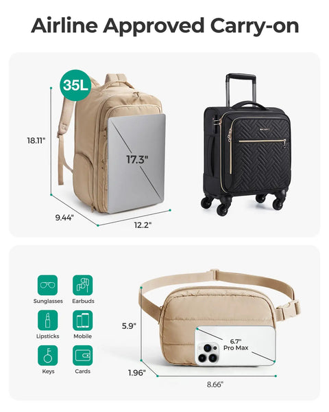 Diagram of 35L travel backpack for women fits under seat as personal item with 17.3 in laptop space, 180-degree lay flat TSA ready.