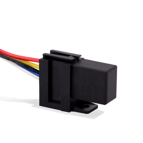 Heavy Duty 12V 30A SPDT 5 Pin Relay Kit Pack of 2, multi-purpose relay with welded terminals for automotive and marine use, side view.