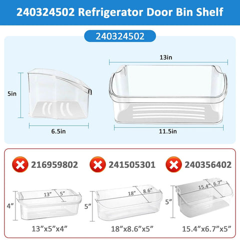 Diagram showing dimensions of 2-Pack Refrigerator Door Bin Shelf Replacement 240324502, clear resin, 13 x 6.5 x 5 inches.