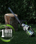 Cordless Hedge Trimmer 26 Inch with Carbon Fiber Rail and Dual Action Steel Blades beside tree stump outdoors "#1 Rated Brand" displayed.
