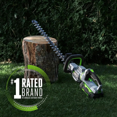 Cordless Hedge Trimmer 26 Inch with Carbon Fiber Rail and Dual Action Steel Blades beside tree stump outdoors "#1 Rated Brand" displayed.