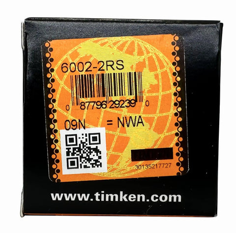 Box label for 6002-2RS 4 Pack Deep Groove Ball Bearings 15x32x9mm With Double Rubber Seals Pre Lubricated For Smooth Spin.