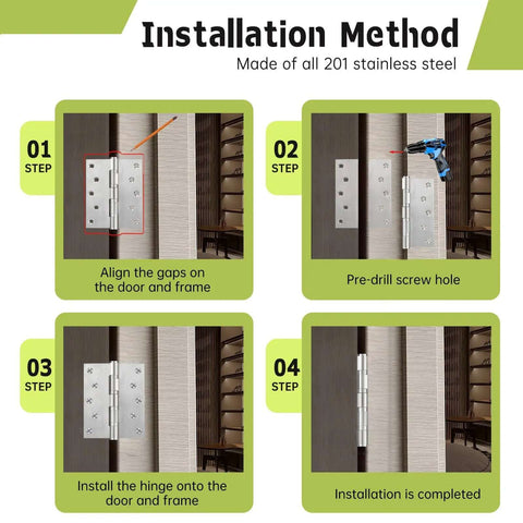 Installation guide for Beefy Heavy Duty Stainless Steel Ball Bearing Door Hinges 5 By 4 Inch 6 Pack with step-by-step visuals.