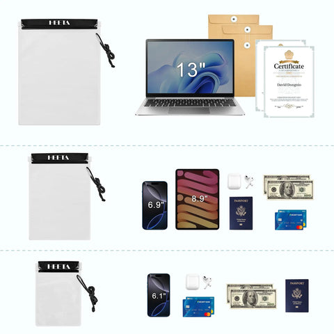 5 Pack Clear Waterproof Dry Bags For Camera, Phone, Maps And More With Lanyard shown with laptop, phone, tablet, and passport.