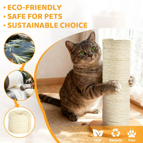 Cat playing with thick 5mm sisal rope for cat scratcher tree 50 feet cat tower climbing twine for scratch post replacement and repair DIY white easy fix to restore worn posts
