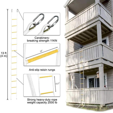 Two Story Fire Escape Rope Ladder, 13 Ft Flame Resistant Emergency Escape System with heavy duty spring hooks on wooden building