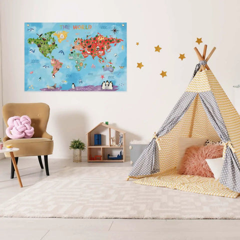 Child's playroom with World Map Cartoon Animals Canvas Banner for Classrooms and Playrooms Kid Friendly Educational Wall Decor shown on wall.