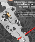 Close-up of 18 In 1 Folding Wire Stripper Pliers showing wire stripping holes against a gear background.